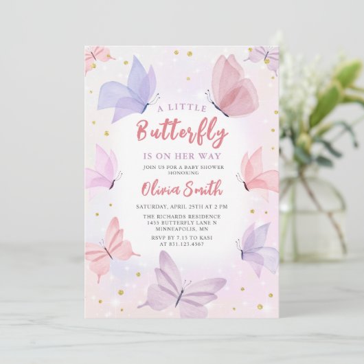 Butterfly Roze Meisje Baby shower Invitation Kaart (Staand voorkant)