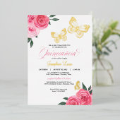Butterfly roze Roses Quinceanera Real Folie Uitnodiging (Staand Voorkant)
