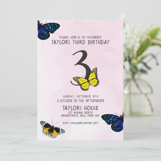 Butterfly roze Waterverf 3RD Birthday Party Kaart