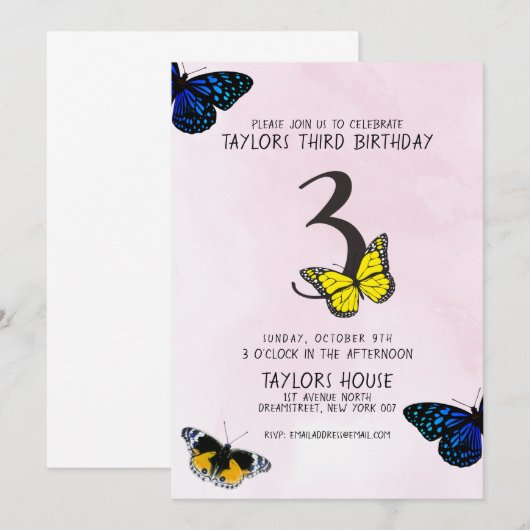 Butterfly roze Waterverf 3RD Birthday Party Kaart (Voorkant / Achterkant)