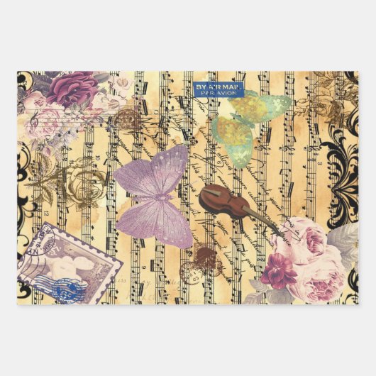 Butterfly, Rozen en Noten Ephemera Inpakpapier Vel (Voorkant)