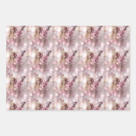 Butterfly shimmer roze blauw goud glitter glans inpakpapier vel (Voorkant)