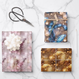 Butterfly shimmer roze blauw goud glitter glans inpakpapier vel