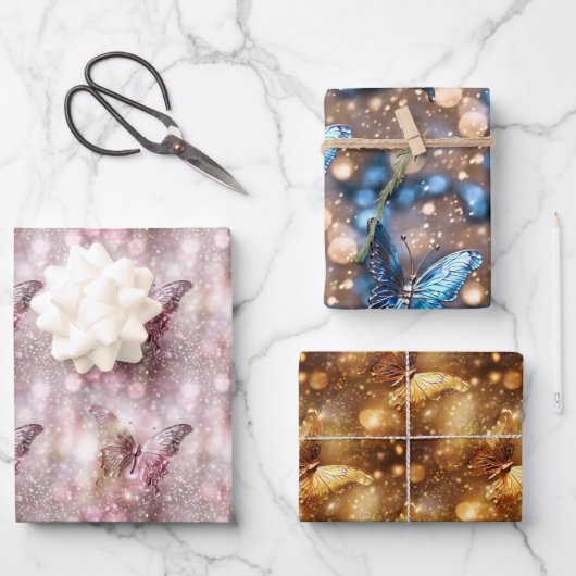 Butterfly shimmer roze blauw goud glitter glans inpakpapier vel (Voorkant)
