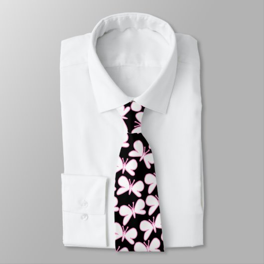 Butterfly Silhouettes - Wit met roze op zwart Stropdas (Gebonden)