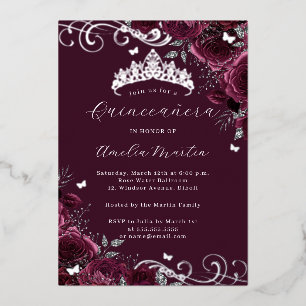 Butterfly Silver Bourgogne Floral Quinceanera Folie Uitnodiging