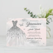 Butterfly Silver Pink Waterverf Quinceanera Kaart (Staand voorkant)