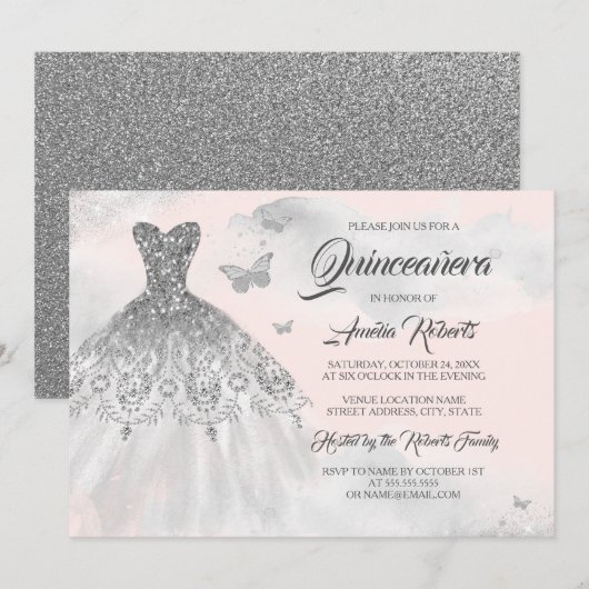 Butterfly Silver Pink Waterverf Quinceanera Kaart (Voorkant / Achterkant)