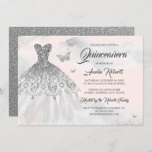 Butterfly Silver Pink Waterverf Quinceanera Kaart