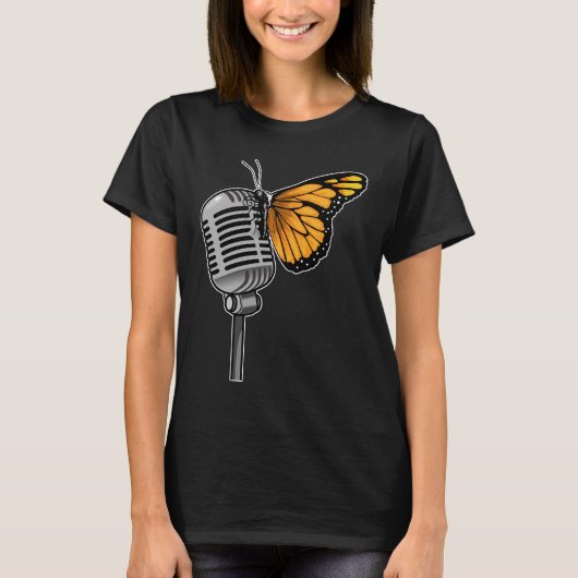 Butterfly Singer Microfoon Muziek T-shirt (Voorkant)