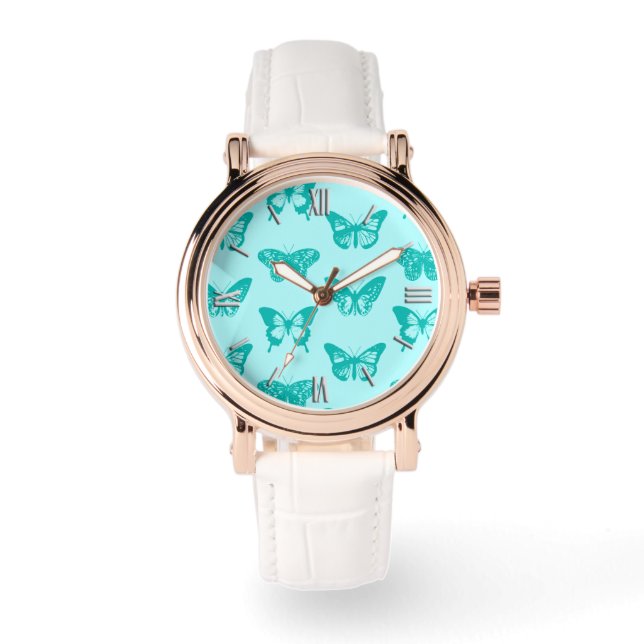 Butterfly sketch, aqua en turquoise horloge (Voorkant)