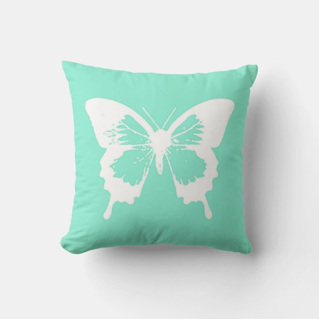 Butterfly sketch, aqua en white kussen (Voorkant)