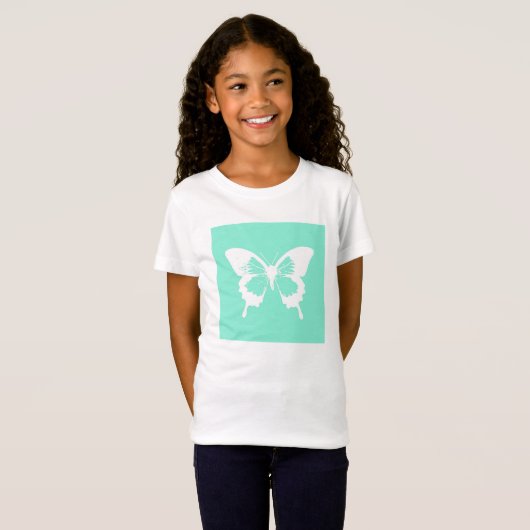Butterfly sketch, aqua en white t-shirt (Voorkant volledig)