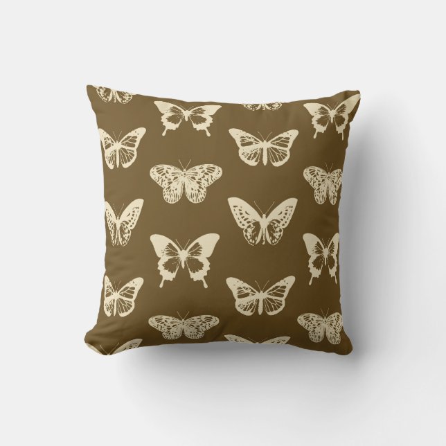 Butterfly sketch, beige op chocoladebruin kussen (Voorkant)