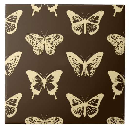 Butterfly sketch, beige op chocoladebruin tegeltje (Voorkant)