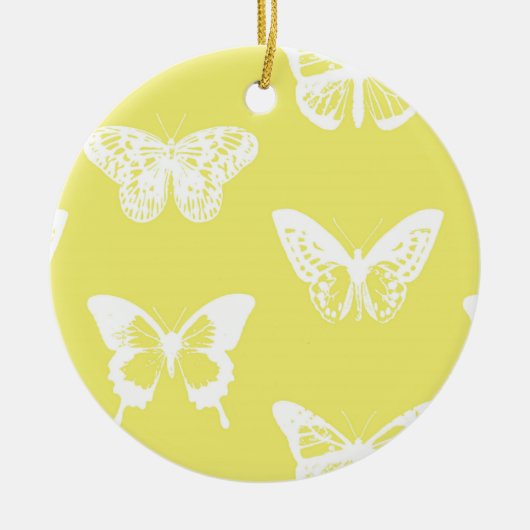Butterfly sketch, mosterdgoud en wit keramisch ornament (Voorkant)