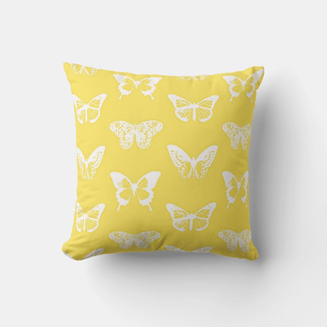 Butterfly sketch, mosterdgoud en wit kussen (Voorkant)