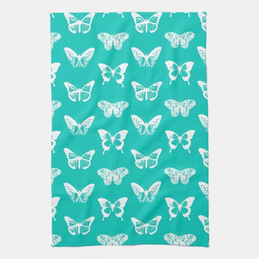 Butterfly sketch, turquoise en white theedoek (Verticaal)