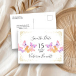 Butterfly Skies Coral Gold Confetti Save the Date Aankondigingskaart<br><div class="desc">vlinder Bewaar de datumkaart met gepersonaliseerde boodschap op de achterkant,  zodat u voor elke gelegenheid kunt aanpassen. Het ontwerp heeft  waterverf vlinders in koraalroze crème en goud met sierlijke handgeschreven scripttypografie en goudconfetti. Blader door mijn winkel voor overeenkomende uitnodigingen,  rsvp en mailing accessoires in het Butterfly Skies collectie.</div>