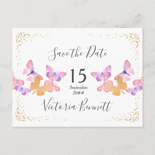 Butterfly Skies Coral Gold Confetti Save the Date Aankondigingskaart (Voorkant)