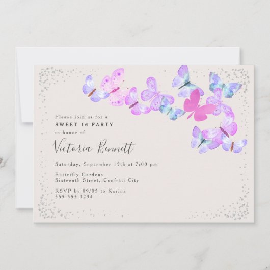 Butterfly Skies Roze Zilver Confetti Sweet 16 Kaart (Voorkant)