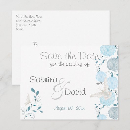 Butterfly Sky Blue Chrysanthemum Save the Date Aankondigingskaart (Voorkant / Achterkant)