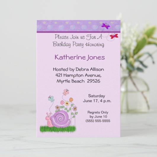 Butterfly & Snail Verjaardag uitnodiging (Staand voorkant)