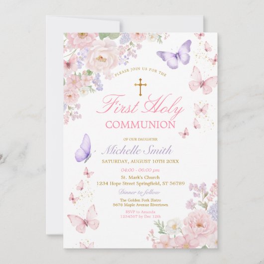 Butterfly Soft Floral First Holy Communion Kaart (Voorkant)