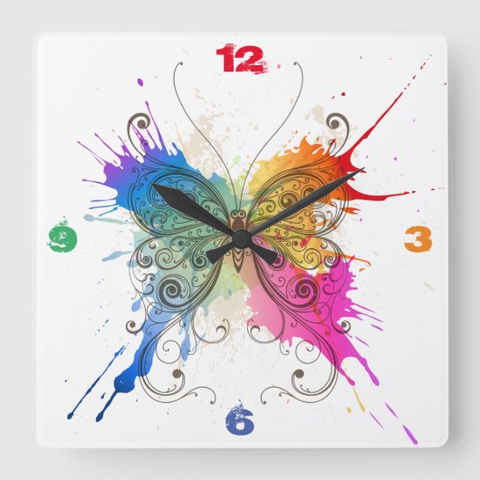 Butterfly Splash Art Clock Vierkante Klok (Voorkant)