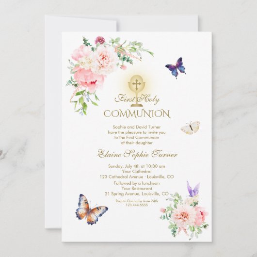 Butterfly Spring Blush Bloemen Goud Heilige Commun Kaart (Voorkant)