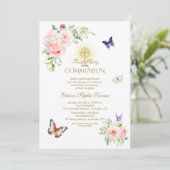 Butterfly Spring Blush Bloemen Goud Heilige Commun Kaart (Staand voorkant)