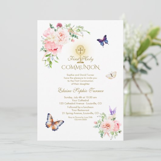 Butterfly Spring Blush Bloemen Goud Heilige Commun Kaart (Staand voorkant)
