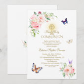 Butterfly Spring Blush Bloemen Goud Heilige Commun Kaart (Voorkant / Achterkant)