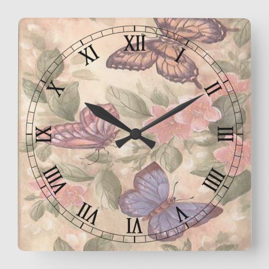 Butterfly Square Roman Numeras Clock Vierkante Klok (Voorkant)