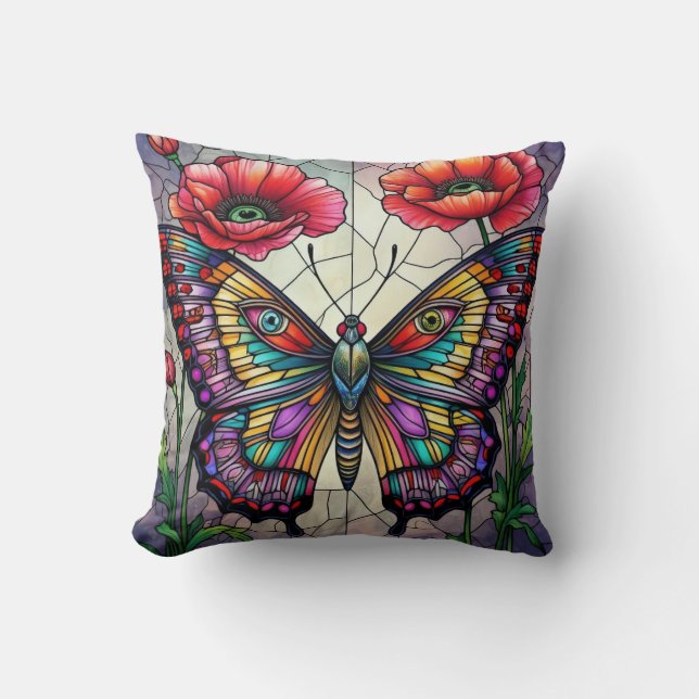 Butterfly stained glass design poppy flower kussen (Voorkant)