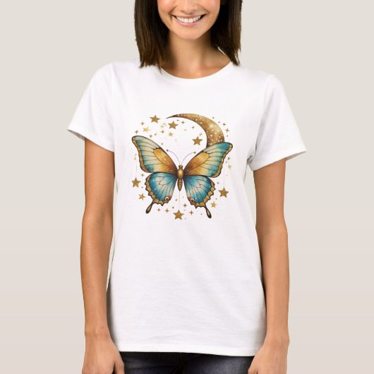 Butterfly Stars Celestial Zwart Goud Blauwgroen Bo T-shirt (Voorkant)