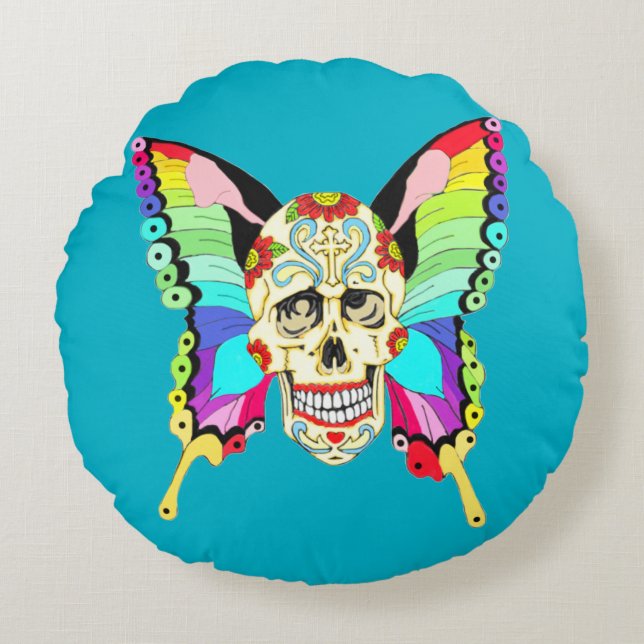 Butterfly Sugar Skull Rond Kussen (Voorkant)