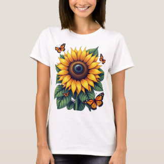 Butterfly Sunflower Bloom Natuur T-Shirt voor Vrou