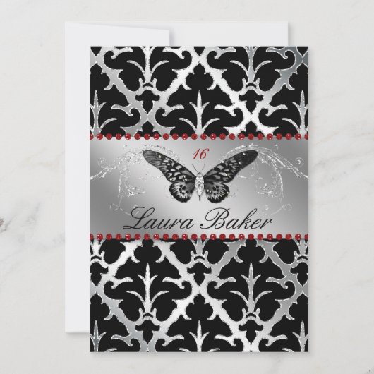 Butterfly Sweet 16 Invite Damask Red Sparkle Kaart (Voorkant)