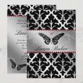Butterfly Sweet 16 Invite Damask Red Sparkle Kaart (Voorkant / Achterkant)