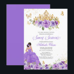 Butterfly Sweet 16   Paarse Waterverf Flowers Kaart<br><div class="desc">16-jarige uitnodiging in lila en lavendere schoppen van paars met gouden vlinders en een mooie tiara en een meisje in een stromende ballon. Bezoek de winkel voor meer variaties in huidtoon en kleurencombinaties</div>