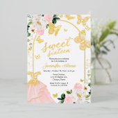 Butterfly Sweet Sixteen Blush Floral Dress Gold Folie Uitnodiging (Staand Voorkant)