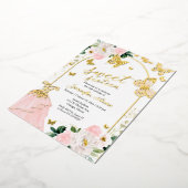 Butterfly Sweet Sixteen Blush Floral Dress Gold Folie Uitnodiging (Gedraaid)