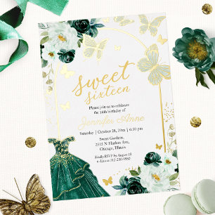 Butterfly Sweet Sixteen Emerald Green Dress Gold Folie Uitnodiging