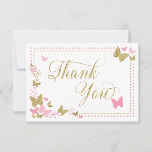 Butterfly Thank You Card, Roze, Faux Gold Bedankkaart (Voorkant)