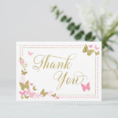 Butterfly Thank You Card, Roze, Faux Gold Bedankkaart (Staand voorkant)