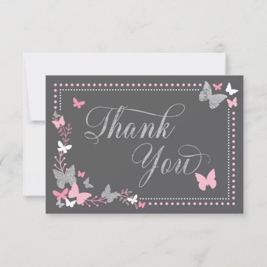 Butterfly Thank You Card, Roze, Faux Zilver Bedankkaart (Voorkant)