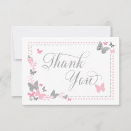 Butterfly Thank You Card, Roze, Faux Zilver Bedankkaart
