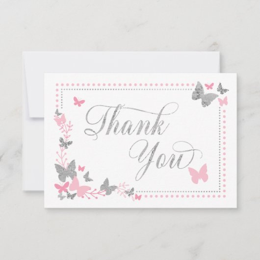 Butterfly Thank You Card, Roze, Faux Zilver Bedankkaart (Voorkant)