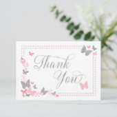 Butterfly Thank You Card, Roze, Faux Zilver Bedankkaart (Staand voorkant)